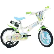 Dětské kolo Bluey 14” s držákem na láhev a postranními kolečky v bílo-modro-zelené barvě – jízdní kolo Dino Bikes