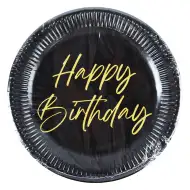 Elegantní černozlaté papírové talíře s nápisem "Happy Birthday", sada 8 ks, 23 cm