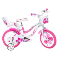 Flappy 14” dětské kolo s košíkem a sedátkem pro panenku v růžovo-bílé barvě – kolo Dino Bikes