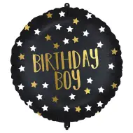 Narozeninový fóliový balónek – s nápisem „Birthday Boy“, černozlatý s hvězdami, 46 cm