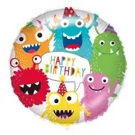 Narozeninový fóliový balónek – s nápisem „Happy Birthday“, s barevným vzorem příšerek, 46 cm