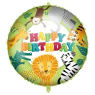 Narozeninový fóliový balónek – s nápisem „Happy Birthday“, s motivem džungle a zvířat, 46 cm