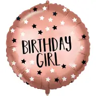 Narozeninový fóliový balónek – s nápisem "Birthday Girl", růžovo-zlatý s hvězdami, 46 cm