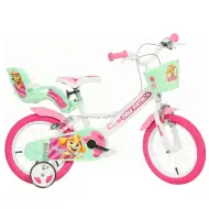 Paw Patrol Skye 14” dětské kolo s košíkem a sedačkou pro panenku v růžovo-mátově zelené barvě – Dino Bikes kolo