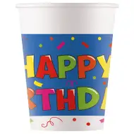 Sada 8 papírových kelímků s modrobílým podkladem a nápisem "Happy Birthday", objem 200 ml.