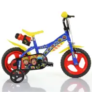 Sam, hasič 12” dětské kolo s držákem na láhev a postranními kolečky v modro-žluté barvě – Dino Bikes jízdní kolo
